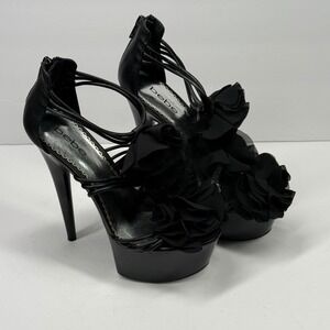Bebe Platform Heels Black Floral Appliqué Leather Upper Zip Back Size 6M